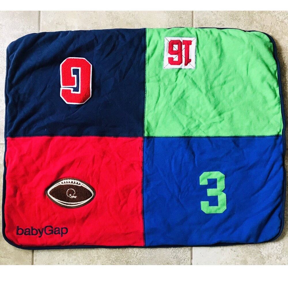 RARE Baby Gap Sports Square Baby Blanket Floor Pad Mat Red Blue Football Lovey